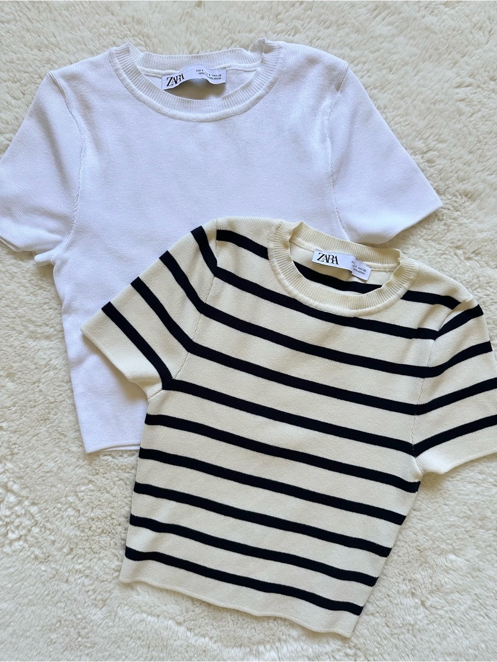 Zara Women’s 2PACK Short Sleeve Knit Top White & Cream Stripe - Small